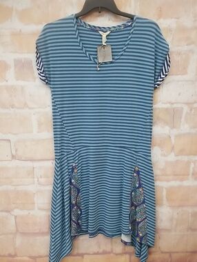 NWT Matilda Jane Striped Blue Short Sleeve Tunic Dress with Patterned Insets